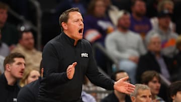 Dec 27, 2024; Phoenix, Arizona, USA; Phoenix Suns assistant coach Chad Forcier against the Dallas Mavericks at Footprint Center. Mandatory Credit: Mark J. Rebilas-Imagn Images