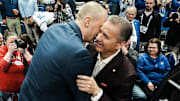 Former UK coach and current Arkansas coach John Calipari hugs Kentucky coach Mark Pope before the game Saturday Feb. 1, 2025 at Rupp Arena in Lexington, Kentucky.