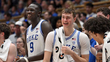 Mar 1, 2025; Durham, North Carolina, USA;  Duke Blue Devils center Khaman Maluach (9) and Duke Blue Devils forward Cooper Flagg (2) react during the second half at Cameron Indoor Stadium. Mandatory Credit: Zachary Taft-Imagn Images