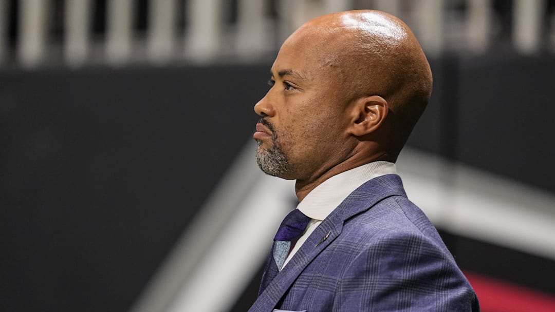 Jan 4, 2026; Atlanta, Georgia, USA; Atlanta Falcons general manager Terry Fontenot watches a game against the New Orleans Saints during the second half at Mercedes-Benz Stadium. Mandatory Credit: Dale Zanine-Imagn Images