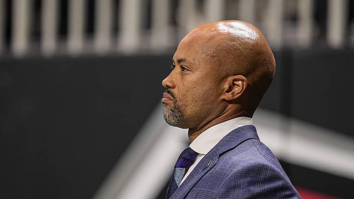 Jan 4, 2026; Atlanta, Georgia, USA; Atlanta Falcons general manager Terry Fontenot watches a game against the New Orleans Saints during the second half at Mercedes-Benz Stadium. Mandatory Credit: Dale Zanine-Imagn Images