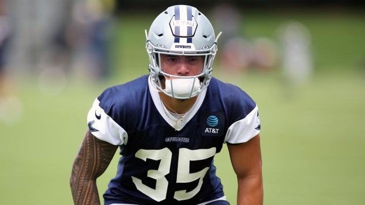 Jun 4, 2024; Frisco, TX, USA; Dallas Cowboys linebacker Marist Liufau (35) goes through drills during practice at the Ford Center at the Star Training Facility in Frisco, Texas. 