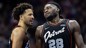 Dec 15, 2023; Philadelphia, Pennsylvania, USA; Detroit Pistons center Isaiah Stewart (28) : Bill Streicher-Imagn Images
