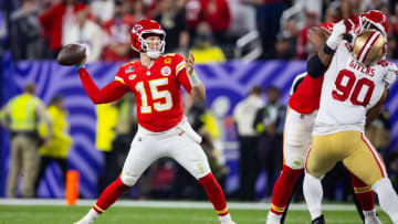 Feb 11, 2024; Paradise, Nevada, USA; Kansas City Chiefs quarterback Patrick Mahomes (15) against the San Francisco 49ers during Super Bowl LVIII at Allegiant Stadium. Mandatory Credit: Mark J. Rebilas-USA TODAY Sports