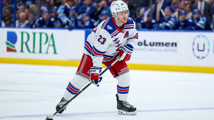 Apr 15, 2026; Tampa, Florida, USA; New York Rangers defenseman Adam Fox (23) controls the puck against the Tampa Bay Lightning in the second period at Benchmark International Arena. Mandatory Credit: Nathan Ray Seebeck-Imagn Images Apr 15, 2026; Tampa, Florida, USA; New York Rangers defenseman Adam Fox (23) controls the puck against the Tampa Bay Lightning in the second period at Benchmark International Arena. Mandatory Credit: Nathan Ray Seebeck-Imagn Images