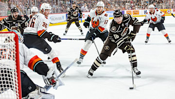 Ivan Miroshnichenko (10) takes the puck deep into Firebirds territory. The Hershey Bears hosted the Coachella Valley Firebirds Game 6 of the Calder Cup Finals at Giant Center on Monday June 24, 2024. The Bears defeated the Firebirds, 5-4 in OT to claim their 13th Calder Cup Championship and their second in a row.
