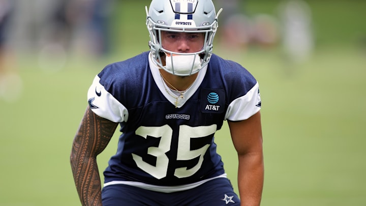 Jun 4, 2024; Frisco, TX, USA; Dallas Cowboys linebacker Marist Liufau (35) goes through drills during practice at the Ford Center at the Star Training Facility in Frisco, Texas. 