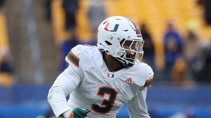 Nov 29, 2025; Pittsburgh, Pennsylvania, USA;  Miami Hurricanes defensive lineman Akheem Mesidor (3) in pass coverage against the Pittsburgh Panthers .during the fourth quarter at Acrisure Stadium. Mandatory Credit: Charles LeClaire-Imagn Images