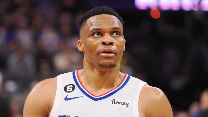 Mar 3, 2023; Sacramento, California, USA; Los Angeles Clippers point guard Russell Westbrook (0) looks on during halftime against the Sacramento Kings at Golden 1 Center. 