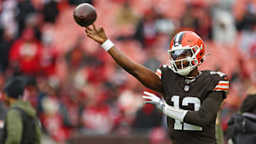 Nov 30, 2025; Cleveland, Ohio, USA;  Cleveland Browns quarterback Shedeur Sanders (12) warms up before the game against the San Francisco 49ers at Huntington Bank Field. 