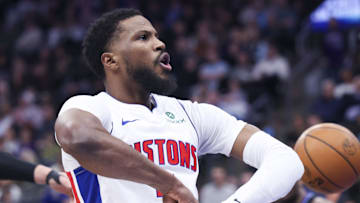 Mar 3, 2025; Salt Lake City, Utah, USA; Detroit Pistons guard Malik Beasley reacts to a play against the Utah Jazz during the first half at Delta Center. Mandatory Credit: Rob Gray-Imagn Images