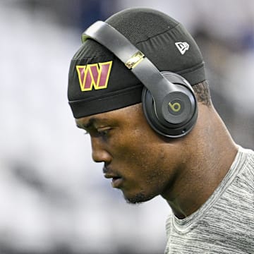 Nov 23, 2023; Arlington, Texas, USA; Washington Commanders wide receiver Terry McLaurin (17) warms up before the game between the Dallas Cowboys and the Washington Commanders at AT&T Stadium. Mandatory Credit: Jerome Miron-Imagn Images