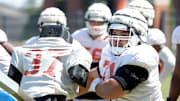 Oklahoma State's Aden Kelley runs a drill during an Oklahoma State University Cowboys spring