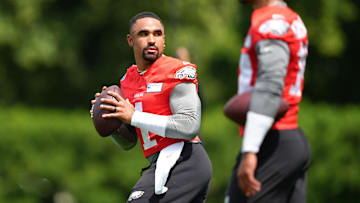 Jun 10, 2025; Philadelphia, PA, USA; Philadelphia Eagles quarterback Jalen Hurts (1) performs a practice drill at NovaCare Complex. Mandatory Credit: Kyle Ross-Imagn Images