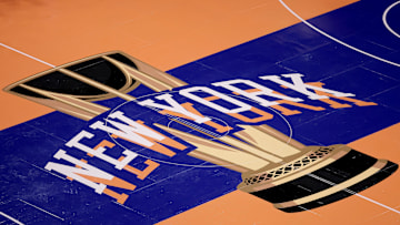Nov 24, 2023; New York, New York, USA; General view of the in-season tournament court logo during warmups before a game between the New York Knicks and the Miami Heat at Madison Square Garden. 