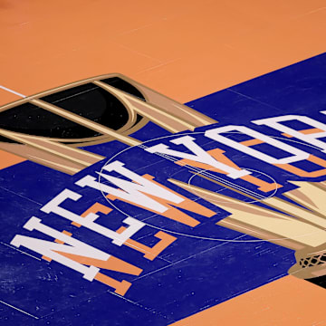 Nov 24, 2023; New York, New York, USA; General view of the in-season tournament court logo during warmups before a game between the New York Knicks and the Miami Heat at Madison Square Garden. Mandatory Credit: Brad Penner-Imagn Images