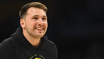 Nov 2, 2025; Los Angeles, California, USA; Los Angeles Lakers guard Luka Doncic (77) reacts before the game against the Miami Heat at Crypto.com Arena. Mandatory Credit: Jonathan Hui-Imagn Images