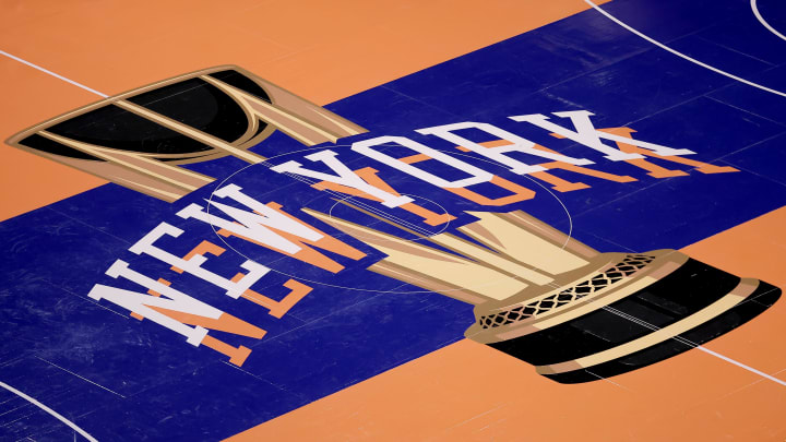 Nov 24, 2023; New York, New York, USA; General view of the in-season tournament court logo during warmups before a game between the New York Knicks and the Miami Heat at Madison Square Garden. Mandatory Credit: Brad Penner-USA TODAY Sports