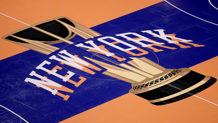 Nov 24, 2023; New York, New York, USA; General view of the in-season tournament court logo during warmups before a game between the New York Knicks and the Miami Heat at Madison Square Garden.