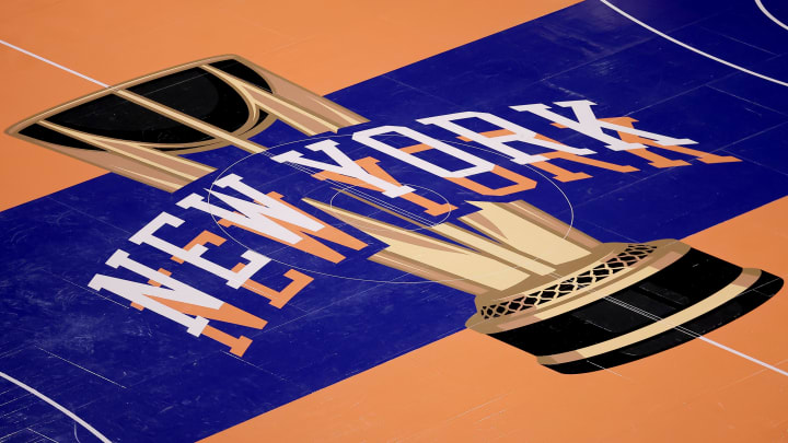 Nov 24, 2023; New York, New York, USA; General view of the in-season tournament court logo during warmups before a game between the New York Knicks and the Miami Heat at Madison Square Garden. Mandatory Credit: Brad Penner-USA TODAY Sports