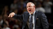 Nov 8, 2024; College Station, Texas, USA; Texas A&M Aggies head coach Buzz Williams reacts during the first half against the East Texas A&M Lions at Reed Arena. The Aggies defeated the Lions 87-55. Mandatory Credit: Maria Lysaker-Imagn Images 