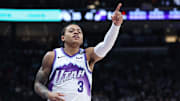 Nov 10, 2025; Salt Lake City, Utah, USA; Utah Jazz guard Keyonte George (3) reacts to a play against the Minnesota Timberwolves during the second quarter at Delta Center. Mandatory Credit: Rob Gray-Imagn Images