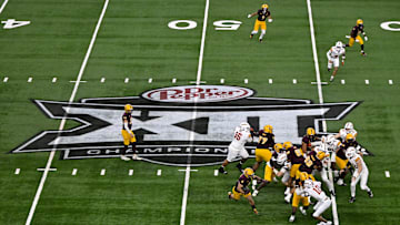 Dec 7, 2024; Arlington, TX, USA; A view of the Big 12 logo and stadium during the game between the Iowa State Cyclones and the Arizona State Sun Devils at AT&T Stadium. Mandatory Credit: Jerome Miron-Imagn Images