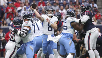 Dec 31, 2023; Houston, Texas, USA; Tennessee Titans quarterback Will Levis (8) throws the ball