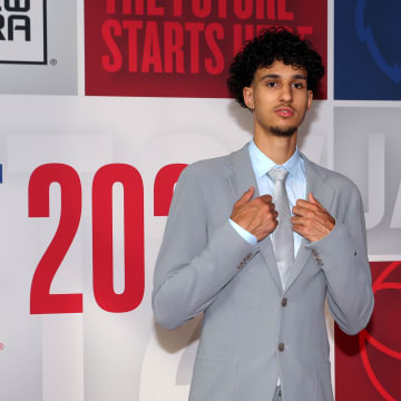Jun 26, 2024; Brooklyn, NY, USA; Zaccharie Risacher arrives for the first round of the 2024 NBA Draft at Barclays Center. Mandatory Credit: Brad Penner-USA TODAY Sports