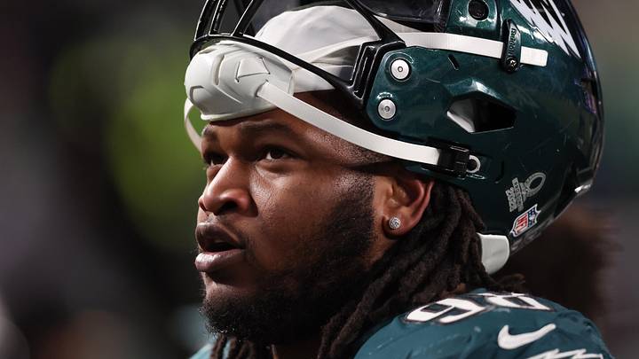 Jan 11, 2026; Philadelphia, PA, USA; Philadelphia Eagles defensive tackle Jalen Carter (98) looks on during the second quarter against the San Francisco 49ers in an NFC Wild Card Round game at Lincoln Financial Field. Mandatory Credit: Bill Streicher-Imagn Images