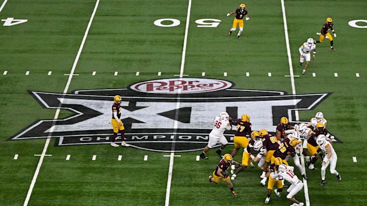 Dec 7, 2024; Arlington, TX, USA; A view of the Big 12 logo and stadium during the game between the Iowa State Cyclones and the Arizona State Sun Devils at AT&T Stadium. Mandatory Credit: Jerome Miron-Imagn Images