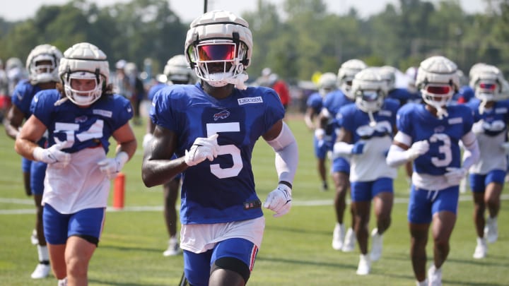 Bills defensive back Kaiir Elam leads the way as the defense moves to the back field for drills during day seven of the Buffalo Bills training camp at St. John Fisher University in Pittsford, Thursday, Aug. 1, 2024.