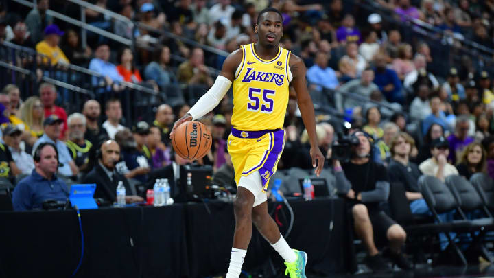 Oct 9, 2023; Las Vegas, Nevada, USA; Los Angeles Lakers guard D'Moi Hodge (55) controls the ball against the Brooklyn Nets during the second half at T-Mobile Arena. Mandatory Credit: Gary A. Vasquez-USA TODAY Sports