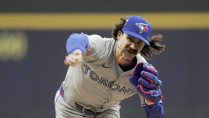 Toronto Blue Jays pitcher Dylan Cease throws during the first inning of their game against the Milwaukee Brewers Wednesday, April 15, 2026 at American Family Field in Milwaukee, Wisconsin.