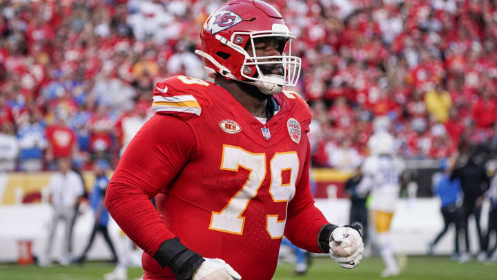 Oct 12, 2023; Kansas City, Missouri, USA; Kansas City Chiefs offensive tackle Donovan Smith (79) on field against the Los Angeles Chargers during the game at GEHA Field at Arrowhead Stadium.