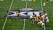 Dec 7, 2024; Arlington, TX, USA; A view of the Big 12 logo and stadium during the game between the Iowa State Cyclones and the Arizona State Sun Devils at AT&T Stadium. Mandatory Credit: Jerome Miron-Imagn Images