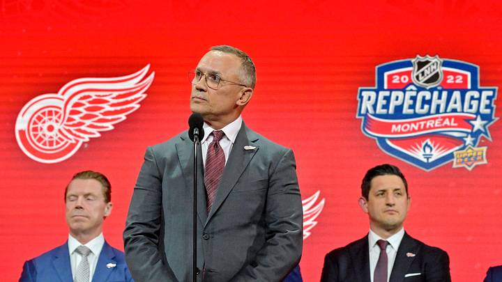 Jul 7, 2022; Montreal, Quebec, CANADA; Detroit Red Wings general manager Steve Yzerman announces Marco Kasper (not pictured) as the number eight overall pick to the Detroit Red Wings in the first round of the 2022 NHL Draft at Bell Centre. Mandatory Credit: Eric Bolte-Imagn Images