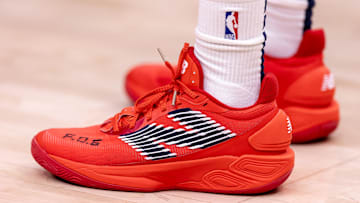 Oct 23, 2024; New Orleans, Louisiana, USA;  Detailed view of the shoes worn by New Orleans Pelicans guard Dejounte Murray during warmups before the game against the Chicago Bulls at Smoothie King Center. Mandatory Credit: Stephen Lew-Imagn Images