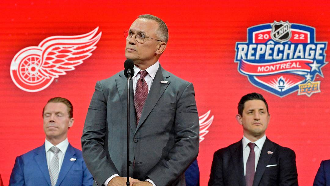 Jul 7, 2022; Montreal, Quebec, CANADA; Detroit Red Wings general manager Steve Yzerman announces Marco Kasper (not pictured) as the number eight overall pick to the Detroit Red Wings in the first round of the 2022 NHL Draft at Bell Centre. Mandatory Credit: Eric Bolte-Imagn Images