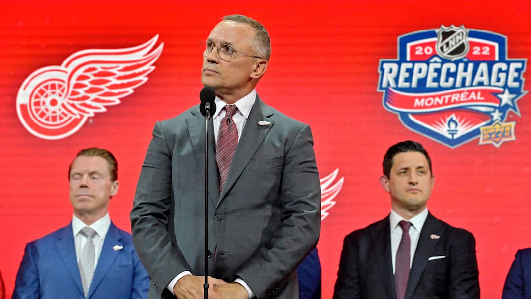 Jul 7, 2022; Montreal, Quebec, CANADA; Detroit Red Wings general manager Steve Yzerman announces Marco Kasper (not pictured) as the number eight overall pick to the Detroit Red Wings in the first round of the 2022 NHL Draft at Bell Centre. Mandatory Credit: Eric Bolte-Imagn Images