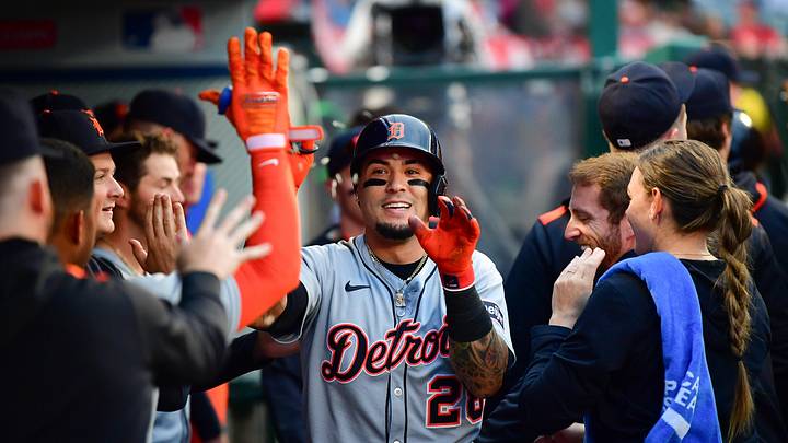 May 1, 2025; Anaheim, California, USA; Detroit Tigers center fielder Javier Baez (28) is greeted after hitting a solo home run against the Los Angeles Angels during the third inning at Angel Stadium. Mandatory Credit: Gary A. Vasquez-Imagn Images