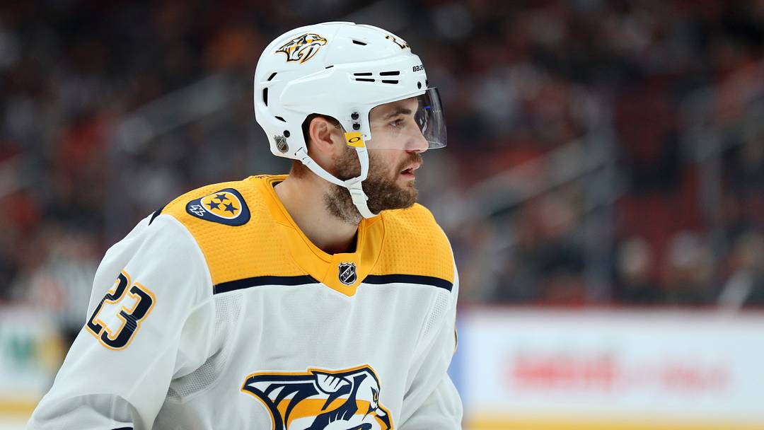 Oct 17, 2019; Glendale, AZ, USA; Nashville Predators center Rocco Grimaldi (23) against the Arizona Coyotes at Gila River Arena. Mandatory Credit: Mark J. Rebilas-USA TODAY Sports