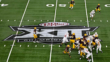 Dec 7, 2024; Arlington, TX, USA; A view of the Big 12 logo and stadium during the game between the Iowa State Cyclones and the Arizona State Sun Devils at AT&T Stadium. Mandatory Credit: Jerome Miron-Imagn Images
