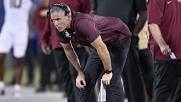 Sep 28, 2024; Dallas, Texas, USA; Florida State Seminoles head coach Mike Norvell looks on during the second quarter against the Southern Methodist Mustangs at Gerald J. Ford Stadium. Mandatory Credit: Jerome Miron-Imagn Images