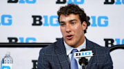Jul 26, 2022; Indianapolis, IN, USA;  Minnesota Golden Gophers linebacker Mariano Sori-Marin talks to the media during Big 10 football media days at Lucas Oil Stadium. Mandatory Credit: Robert Goddin-Imagn Images