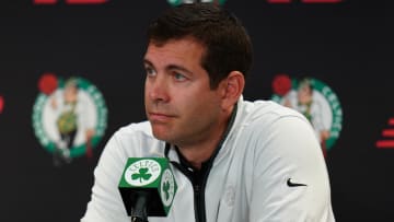 Oct 2, 2023; Boston, Celtics, USA; Boston Celtics president of basketball operations Brad Stevens talks during Boston Celtics Media Day. Mandatory Credit: David Butler II-USA TODAY Sports