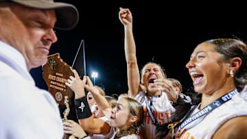 Kaukauna High School's Paige Bodenheimer (19), Karly Meredith (1) and Jozy Ebben (23) celebrate with the state championship trophy after defeating Kenosha Bradford High School during the Division 1 state championship game at the 2025 WIAA state softball tournament on Saturday, June 14, 2025, at Goodman Softball Complex in Madison, Wisconsin. Kaukauna won the game, 1-0.
Tork Mason/USA TODAY NETWORK-Wisconsin