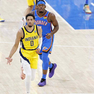 Jun 22, 2025; Oklahoma City, Oklahoma, USA; Indiana Pacers guard Tyrese Haliburton (0) reacts after against the Oklahoma City Thunder during the first half of game seven of the 2025 NBA Finals at Paycom Center. Mandatory Credit: Alonzo Adams-Imagn Images
