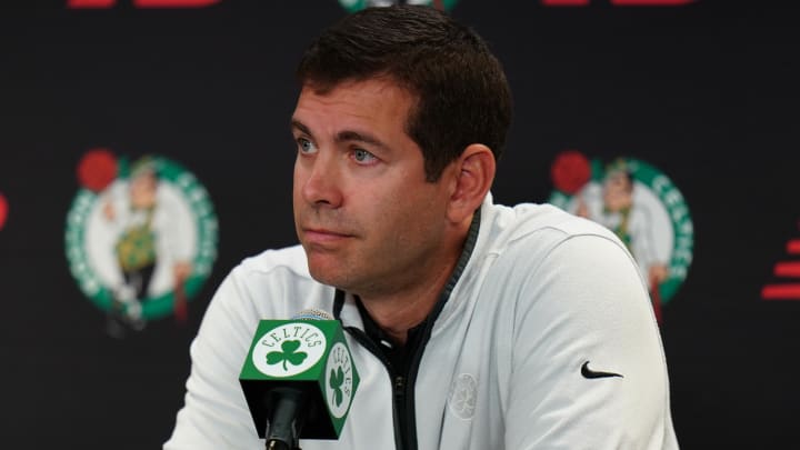 Oct 2, 2023; Boston, Celtics, USA; Boston Celtics president of basketball operations Brad Stevens talks during Boston Celtics Media Day. Mandatory Credit: David Butler II-USA TODAY Sports