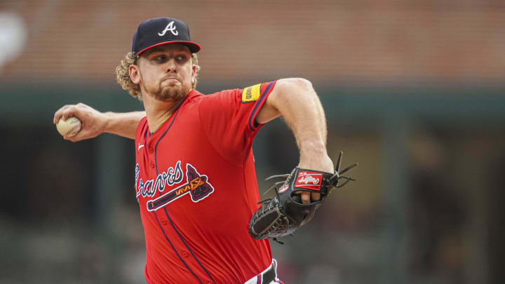 Atlanta Braves starting pitcher Spencer Schwellenbach (56) pitches against the Miami Marlins during the first inning at Truist Park on Aug 2.